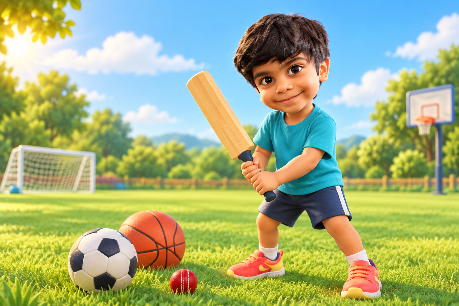 A cheerful cartoon Zaid with his cricket bat, football and basketball on a sunny sports field